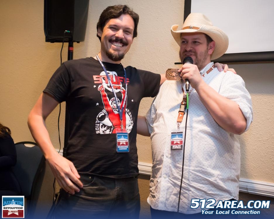 C.J. Lazaretti's short film "Cosmico" wins the Best Animated Film award — a belt buckle! — at the 2016 Austin Revolution Film Festival. (Photo: 512area.com)